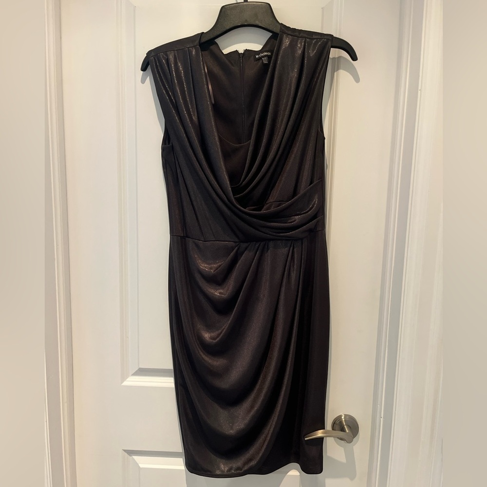 Le Chateau Shimmering Dark Grey Draped Midi Dress
